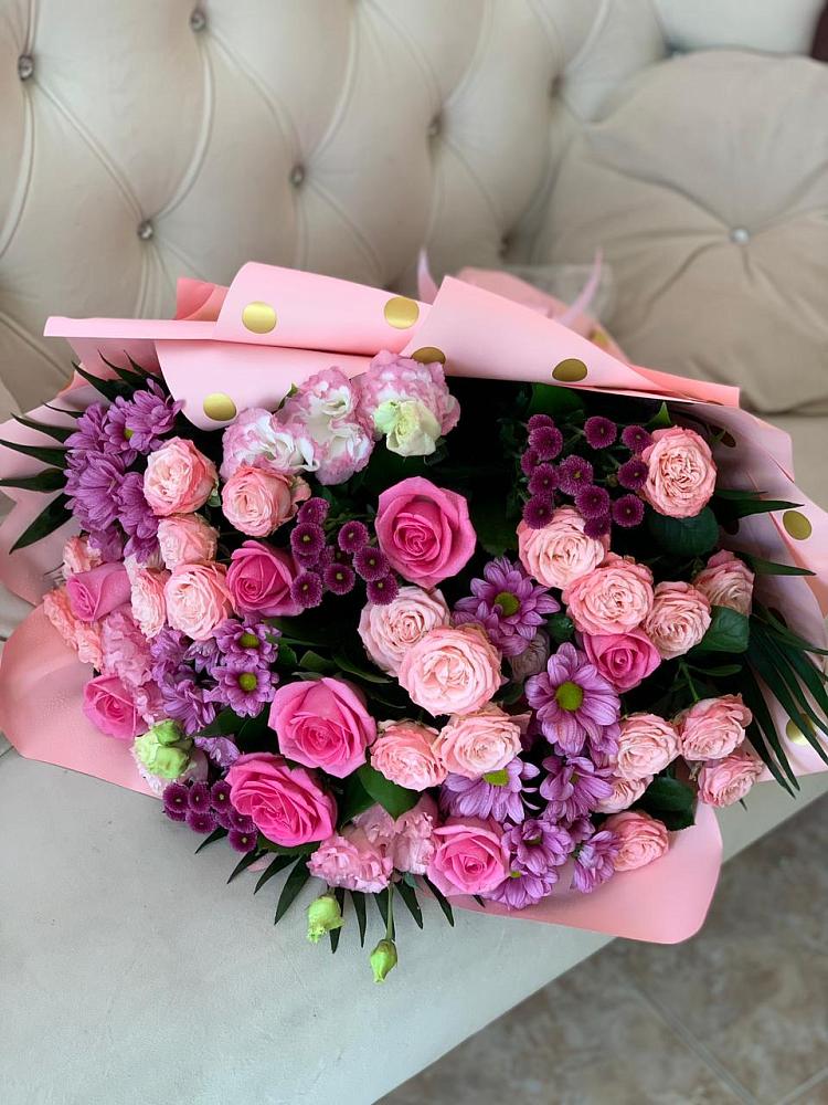 Букет цветов из: Хризантемы, Розы и Лизиантусы в Боровский Тюменская область