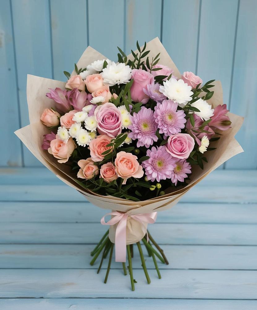 Букет цветов из: Хризантемы, Розы и Альстромерии в Боровский Тюменская область