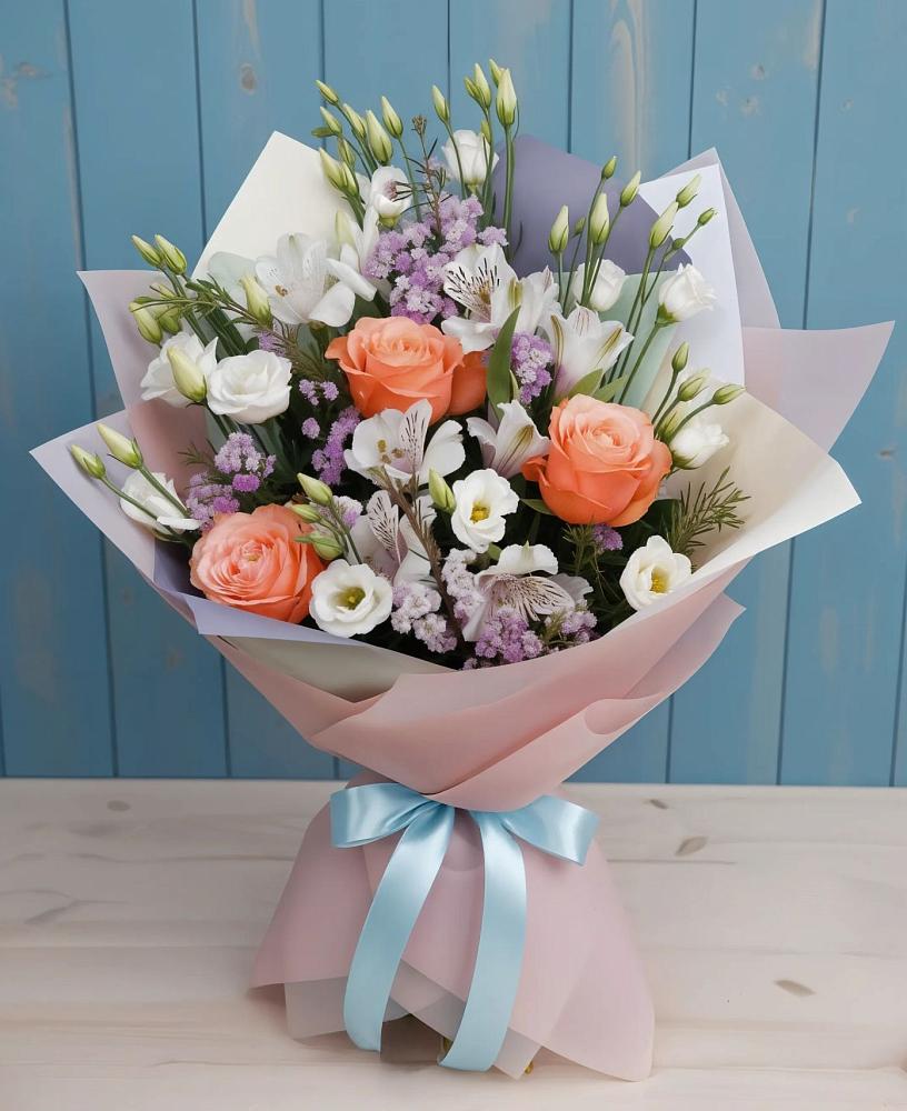 Букет цветов из: Лизиантусы, Розы, Альстромерии и Гипсофила в Боровский Тюменская область