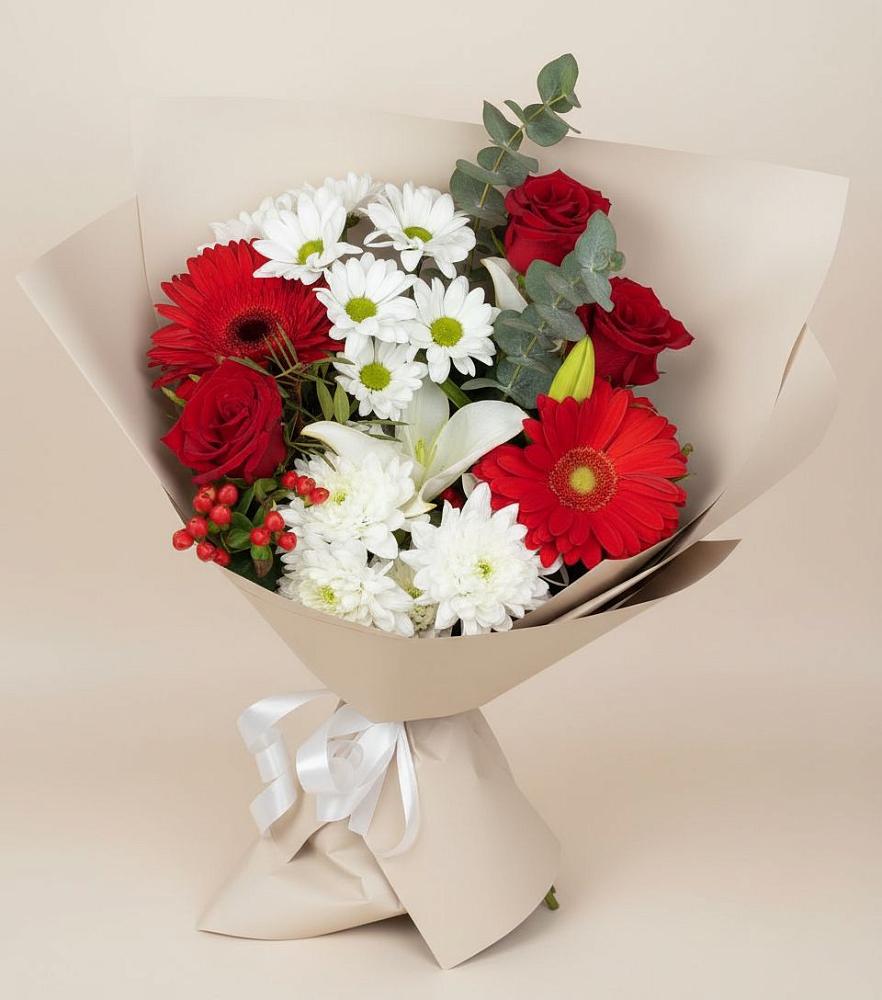 Букет цветов из: Розы, Хризантемы, Герберы и Лилии в Боровский Тюменская область