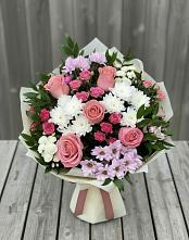 Букет цветов из:  Альстромерии, Гвоздики, Розы и Хризантемы в Боровский Тюменская область