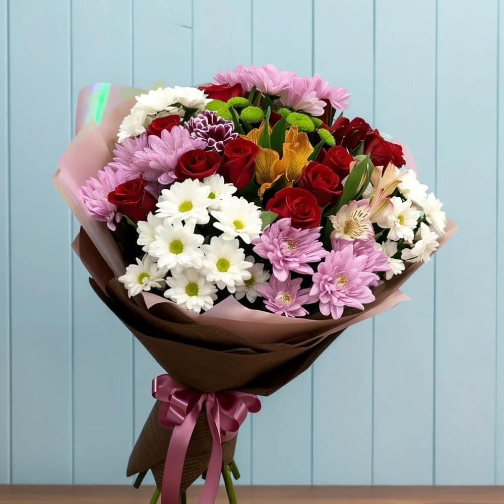 Букет цветов из: Розы, Хризантемы и Альстромерии в Боровский Тюменская область